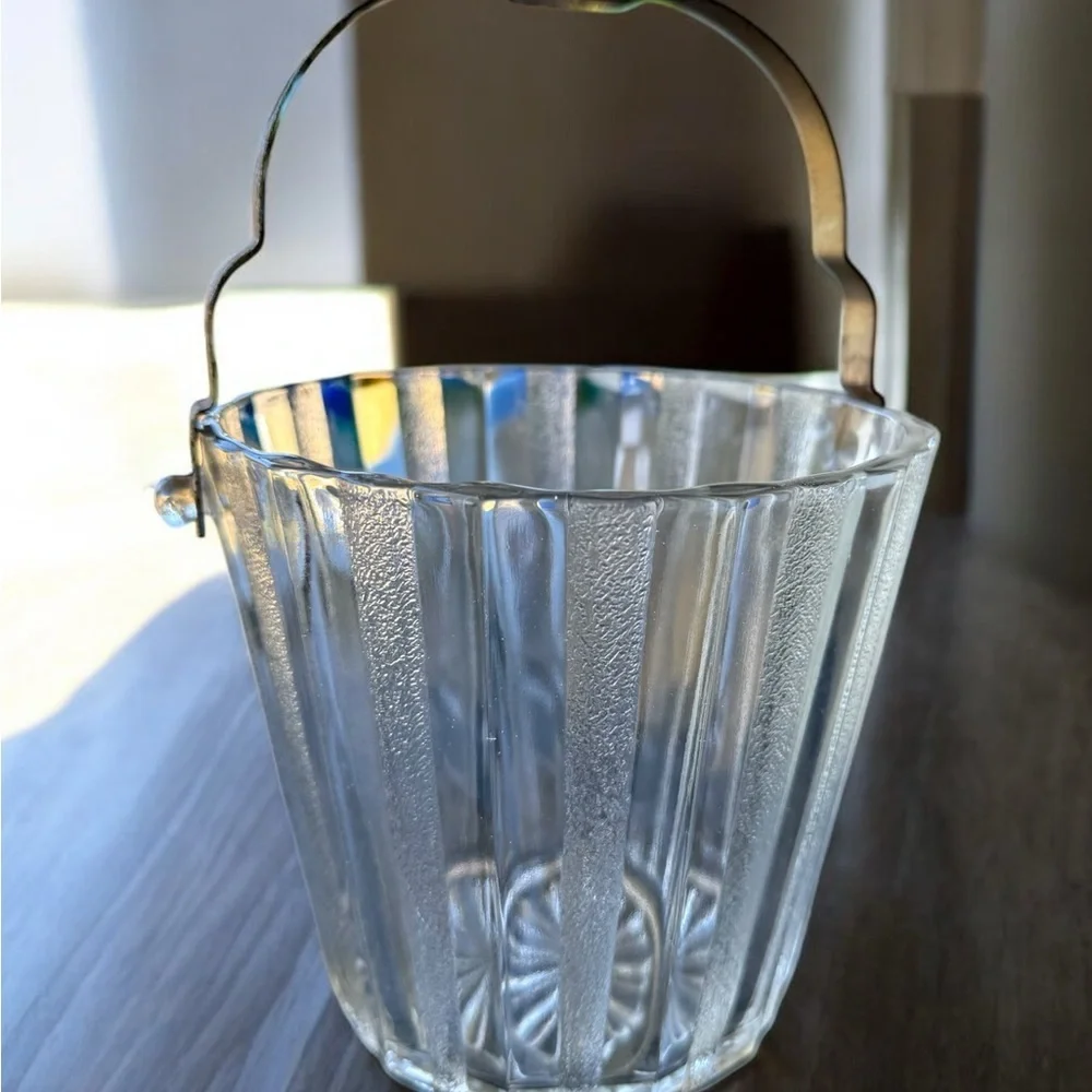 Vintage Heller Elegant Glass Ice Bucket Clear Textured w/ Metal Handle